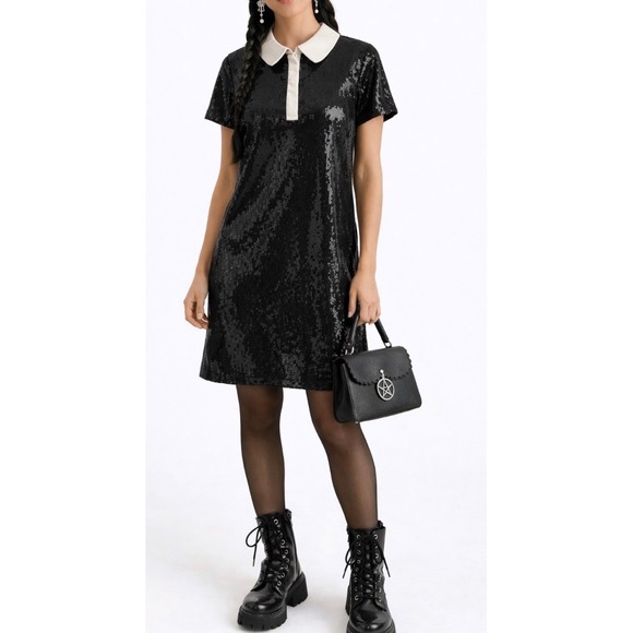 Taylor Dresses & Skirts - Black Sequin Peter Pan Collar Shift Dress Wednesday Addams Goth Twee Academia12